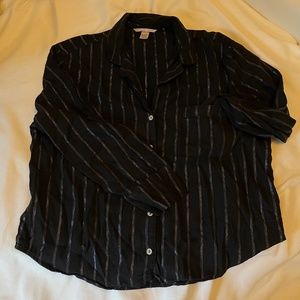 Victorias Secret L Large button up blouse black Collared metallic stripes Cute!
